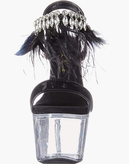 Zapatillas de plataforma con cubierta delgada de Charol Negro y correa para el tobillo con diamantes y plumas