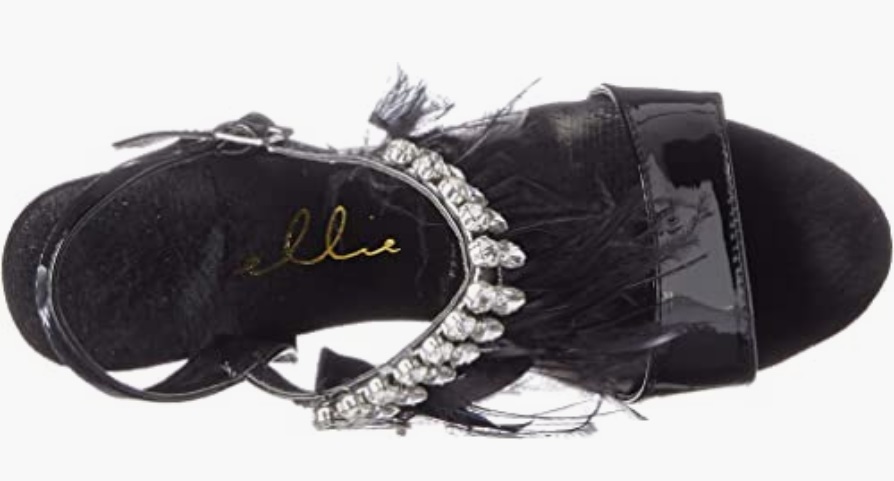 Zapatillas de plataforma con cubierta delgada de Charol Negro y correa para el tobillo con diamantes y plumas