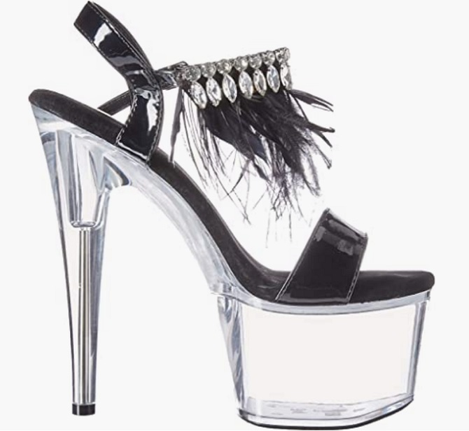 Zapatillas de plataforma con cubierta delgada de Charol Negro y correa para el tobillo con diamantes y plumas