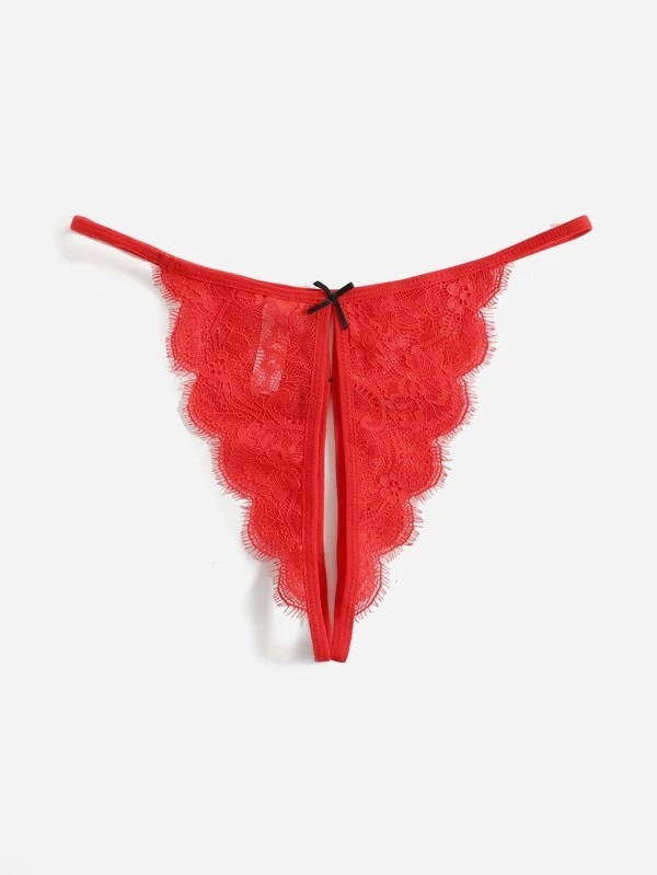 Tanga Roja con encaje floral con diseño de lazo sin entrepierna