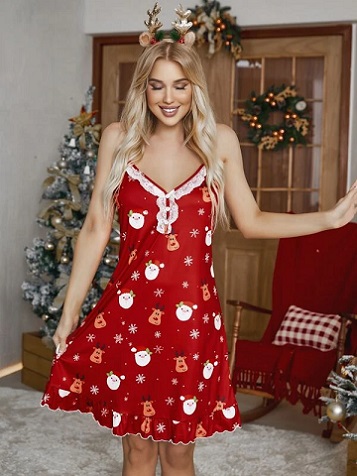 Vestido para dormir Navidad con encaje en contraste bajo con fruncido