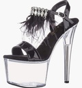 Zapatillas de plataforma con cubierta delgada de Charol Negro y correa para el tobillo con diamantes y plumas