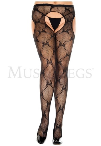 [933Q-BLACK] MUSIC LEGS Plus Size Bow Lace Suspender Pantyhose