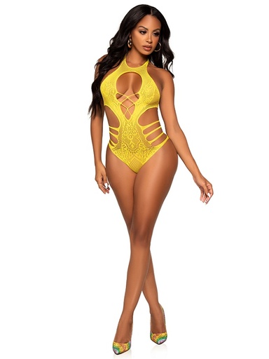 [89295YLW] LEG AVENUE Lace Cut Out Strappy Bodysuit