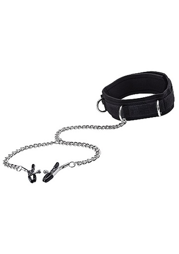 [OU138BLK] Ouch! Velcro Collar with Nipple Clamps