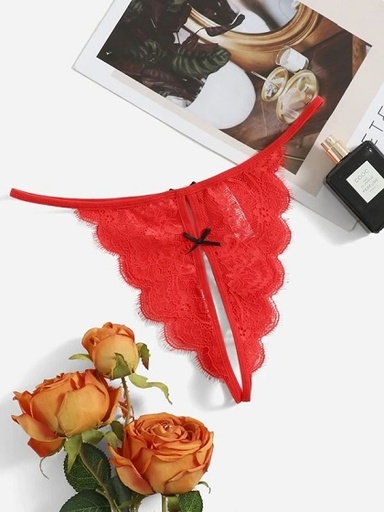 Tanga Roja con encaje floral con diseño de lazo sin entrepierna
